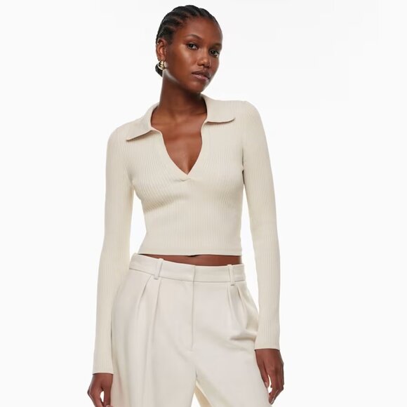 Babaton Aritzia Top Women Sculpt Knit Polo Longsleeve in Matte Pearl Size L - Picture 1 of 8